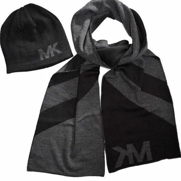 Michael Kors Mens MK Logo Scarf and Hat/Beanie Set Grey Black Gift Set - Picture 11 of 11